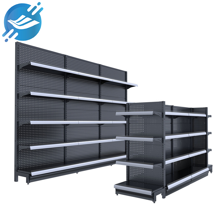 Single-material metal perforated floor-ad-ceiling product display stand (4)