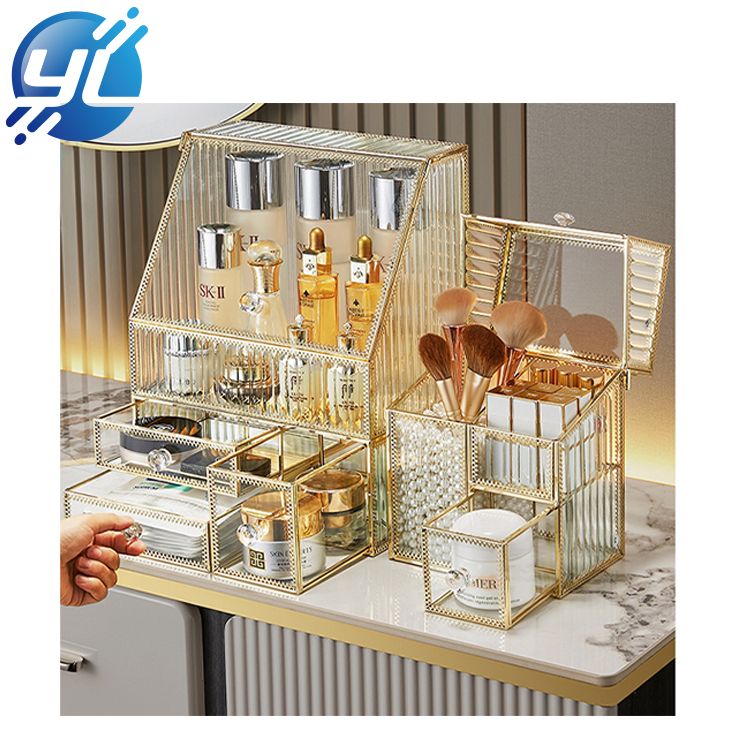 Herdet glass og metall kosmetisk displayboks Stor kapasitet, mange rutenett, klar klassifisering Combined Cosmetic Display Box Kosmetisk displayboks, støvtett, fuktsikker og andre funksjoner Metallgalvanisering, metallkanter, gjør produktet til et høyere nivå