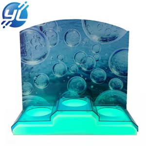 Acrylic blue at white table top wine display stand na may LED light