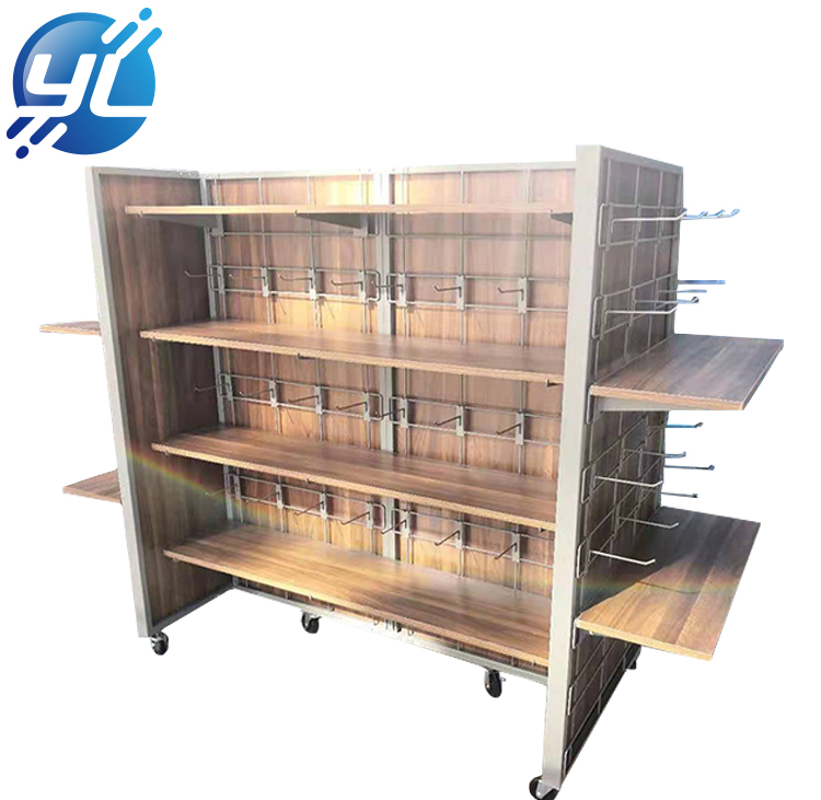 1. Floor display shelves made of metal and MDF
2. Supermarket shelving for a wide range of uses
3. High load bearing capacity, hardware is powder coated at high temperature to prevent rusting
4. Locking screw design, strong and durable
5. Castors at the bottom, free to move and the shelves can be adjusted freely