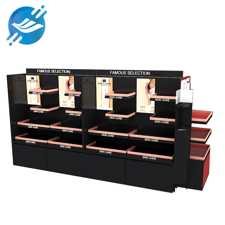 1. The showcase is made of iron, MDF, PVC, LED
2. Double-sided, four-sided design
3. The structure of the group is stable, and there are two drawers at the bottom
4. Black pink color design, sweet and cool
5. Single side of multi-layer board, with storage and storage function
6. There is an inclined laminate on the other side and a groove to prevent the product from slipping
7. Multifunctional display stand, display lipstick, foundation, eye shadow, perfume, skin care products, etc.
8. Used in skin care stores, cosmetics stores, department stores, exhibition beauty salons, etc.
9. With customization and after-sales service
