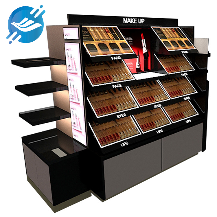 1. The showcase is made of iron, MDF, PVC, LED
2. Double-sided, four-sided design
3. The structure of the group is stable, and there are two drawers at the bottom
4. Black pink color design, sweet and cool
5. Single side of multi-layer board, with storage and storage function
6. There is an inclined laminate on the other side and a groove to prevent the product from slipping
7. Multifunctional display stand, display lipstick, foundation, eye shadow, perfume, skin care products, etc.
8. Used in skin care stores, cosmetics stores, department stores, exhibition beauty salons, etc.
9. With customization and after-sales service