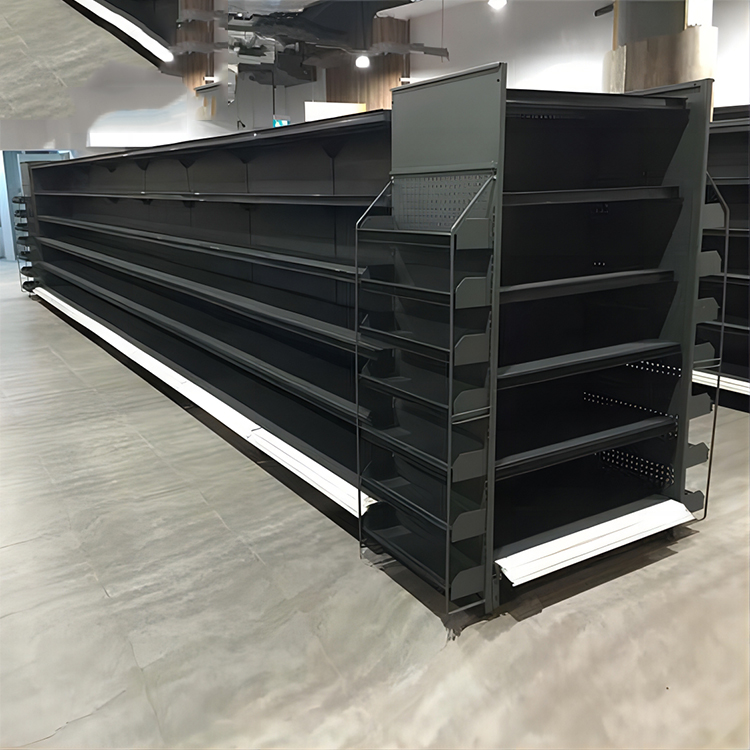 1.Supermarket shelves made of metal&wood&PVC
2. Structure is strong, firm and stable.
3. Metal powder coating to prevent rust, dust, moisture and corrosion.
4. Supermarket shelves are multi-surface display, strong load-bearing capacity, and the height of the tiers can be freely adjusted.
5. Free design
6. Levelling feet at the bottom make the display shelf more stable.
7.The colour is mainly black
8. Can be matched with hooks
9. Strong applicability
10.Wide range of application scenes
11. Customised and after-sales service function