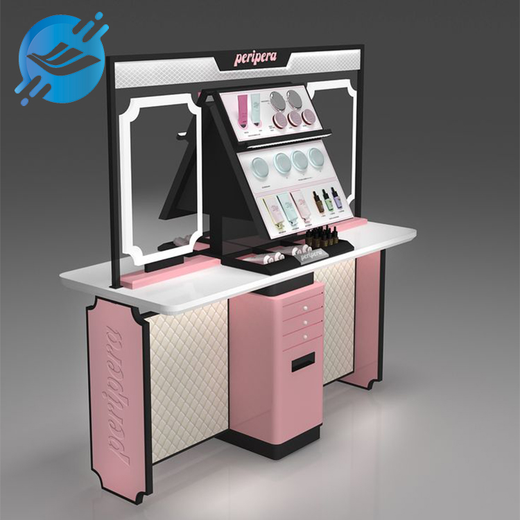 1. The cosmetic display stand is made of metal, MDF, acrylic, LED, LCD display
2. Strong and durable structure, strong stability, with drawers
3. The display screen can repeatedly display the product's functions, features, usage methods, etc.
4. Multifunctional display rack, can be displayed and stored
5. The base is equipped with flat feet or casters, balanced display stand, easy to move
6. Each display layer has grooves
7. Various styles, unique and novel designs
8. Strong practicability, displaying a variety of products
9. Applicable to various scenarios
10. With customization and after-sales service