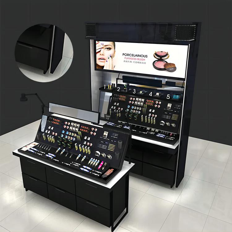 1. The cosmetic display cabinet is made of wood, metal, acrylic, LED light box
2. Strong structure, strong stability, clear layers
3. There is a light box on the top to illuminate the product and show the advantages of the product
4. There is a drawer at the bottom to store different products, making the products more tidy and more convenient to replace
5. Easy disassembly and assembly, reasonable use of space against the wall
6. Single-sided display
7. The color is black and white, classic and versatile
8. Free design
9. Wide applicability
10. Many application scenarios
11. With customization and after-sales service