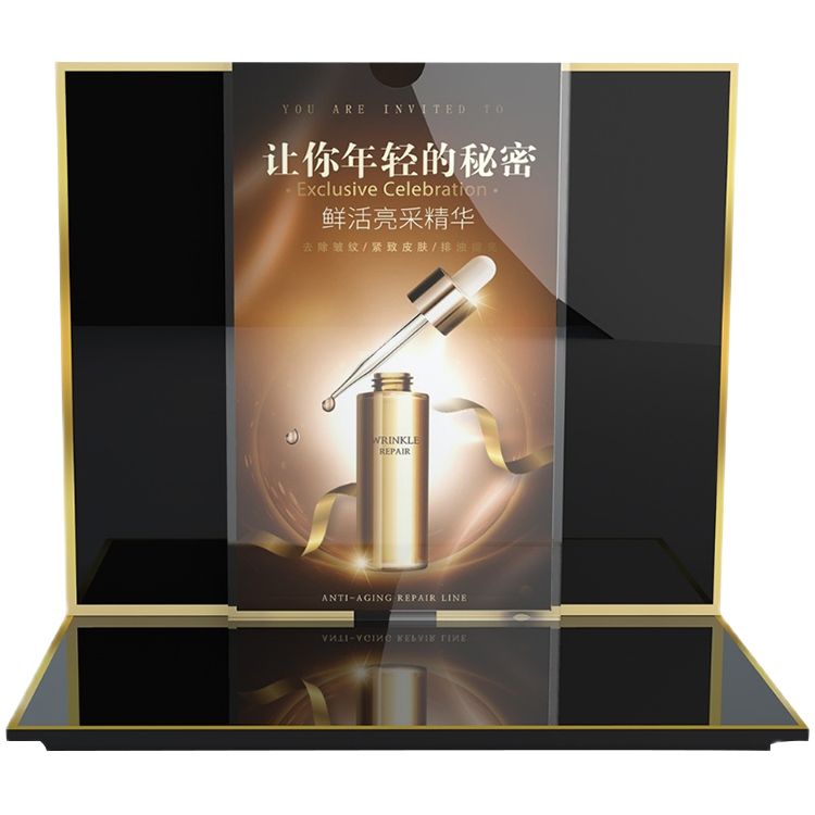 1. Atmospheric appearance, upscale
2. Black acrylic wrapped with gold edge to highlight the product more high-grade
3. The bottom seat shows a variety of products
4. Back advertising painting can be changed at any time according to different products
5. Small space occupation, move at will