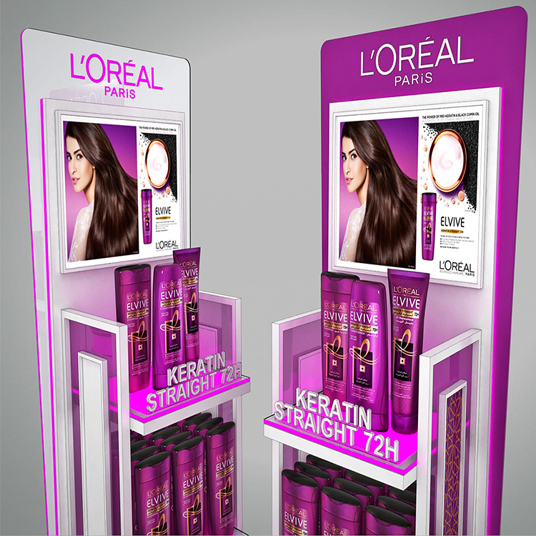 1. Shampoo display stand made of metal, acrylic, LED, PVC
2. Sturdy and solid structure, no shaking
3. Each layer of the laminate is luminous
4. Large capacity, strong load-bearing force, advertising pictures can be changed at any time
5. Bright colours and high saturation
6. Free design
7. Can be displayed on one side or both sides
8. Strong applicability, can display a variety of products
9. Applicable to various scenes
10. With customization and after-sales service function